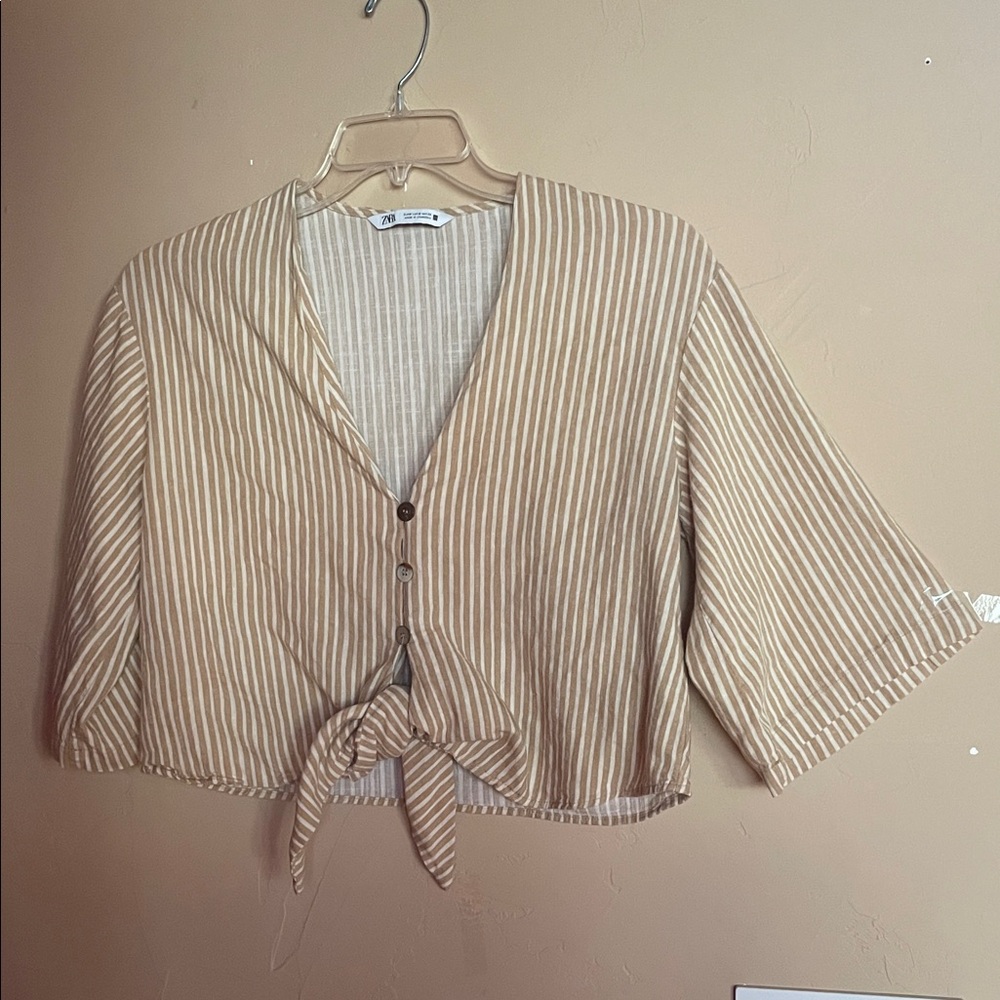 Zara Beige and White Striped Tie-Front Crop Top